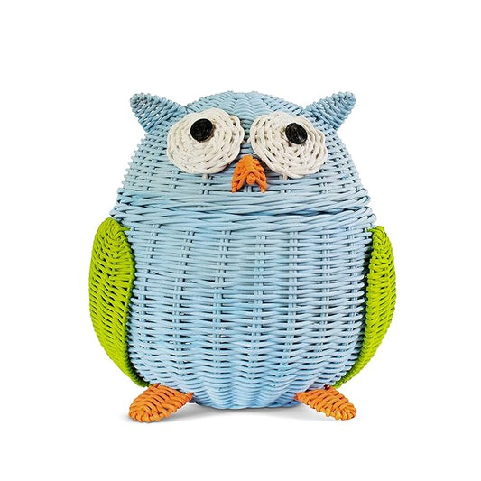 Owl Rattan Storage Basket With Lid Decorative Home Decor Hand Woven Shelf Organizer Cute Handmade Handcrafted Gift Art Decoration Artwork Wicker Hoot Owl (Small, Blue)