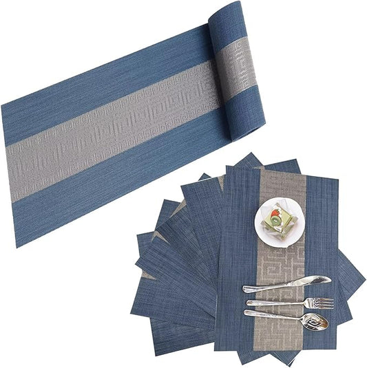 Placemats with Table Runner Set Place Mats, Woven Crossweave Placemat Vinyl Kitchen Tablemat, Washable PVC Table Mats for Dining Table, Parties, Farmhouse, Thanksgiving, Christmas & Gathering (Blue C)