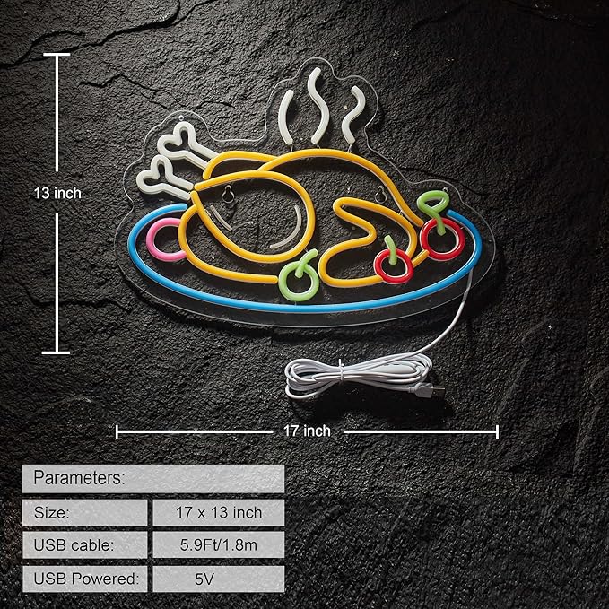 Grilled Chicken Neon Sign for Wall Décor Dimmable Roast Chicken Shop LED Light USB Powered Flame Neon Art Signs Decor