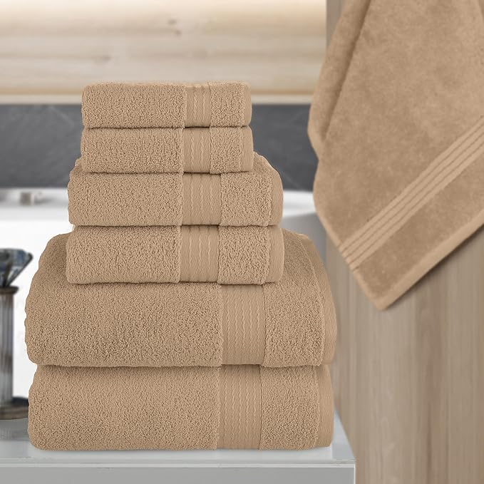 Elegant Comfort Premium Cotton 6-Piece Towel Set, Includes 2 Washcloths, 2 Hand Towels and 2 Bath Towels, 100% Turkish Cotton - Highly Absorbent and Super Soft Towels for Bathroom, Taupe
