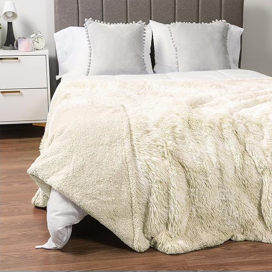 PAVILIA Cream Beige Fluffy Bed Blanket, Queen Size, Fuzzy Blanket for Women Men, Furry Plush Warm Large Blanket for Couch Sofa, Super Soft Thick Faux Fur Sherpa Blanket, 90x90