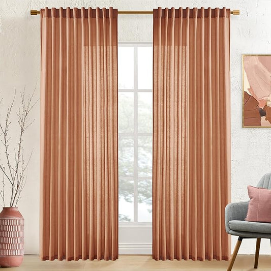 XTMYI 84 Inches Long Terracotta Country Curtains for Living Room,Sheer Linen Curtains for Bedroom 70 Inches Wide