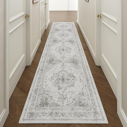 Runner Rug 2x12 Washable Light Gray Hallway Runner Vintage Boho Medallion Non Slip Grey Distressed Retro Carpet Indoor Low Pile Long Soft Rug for Kitchen Entryway Bedroom Bathroom Laundry