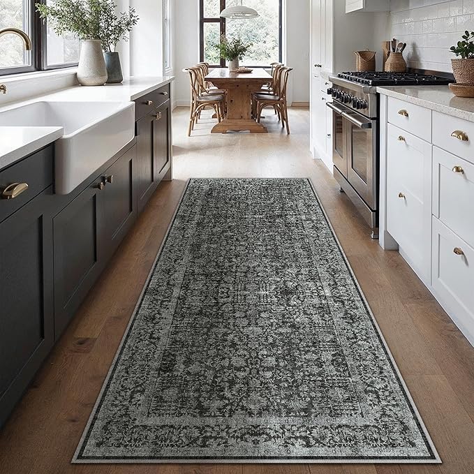 Dark Black Runner Rug 2x5 Hallway Machine Washable Kitchen Vintage Distressed Non Slip Long Carpet Indoor Retro Floral Bedroom Accent Throw Rug for Bathroom Office Laundry Dining Room