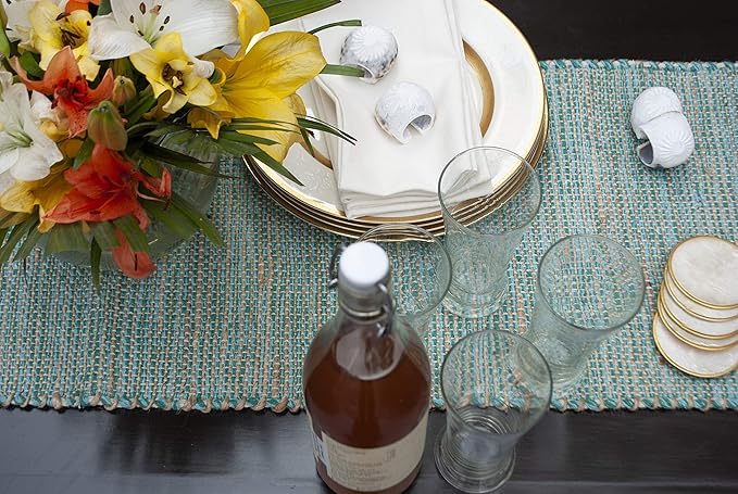 Chardin home Natural Jute Table Runner 13x108 Inch – Vintage Boho Rustic Table Decor – Handwoven Jute Table Runner in Natural and Aqua Turquoise – Farmhouse Dining or Console Table Accent