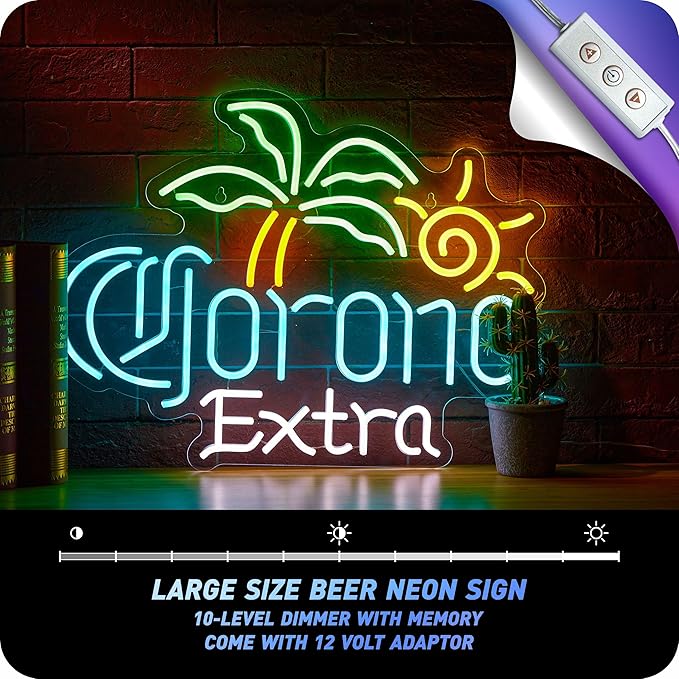 Large Size Beer Neon Sign for Wall Decor Coron Palm Tree Light Up Signs for Man Cave Bar Pub Store Party Club Big Beer LED Lights for Wall Decor Gifts (24 in, 12 v)