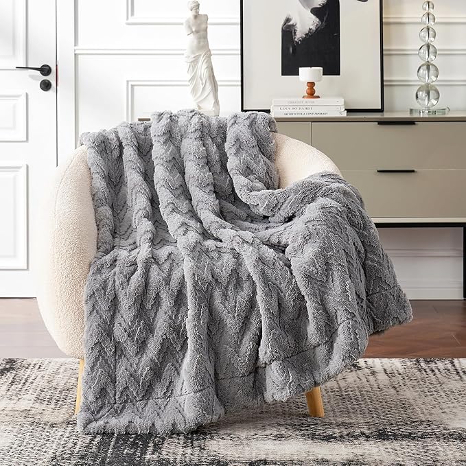 Cozy Bliss Faux Fur Throw Blanket for Couch - Clearance Soft Fuzzy Cozy Throw Gift Blankets for Women,Grey Boho Blanket for Sofa Bedroom Living Room.50 * 60 Inches