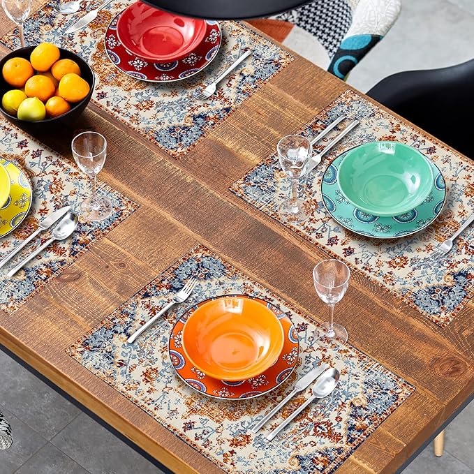 Ethnic Boho Placemats Set of 6 Bohemian Carpet Vintage Orange Grey Floral Linen Washable Kitchen Dining Table Mats Stain Heat-Resistant Desktop Decor Place Mats for Home Party Indoor 12x18 in