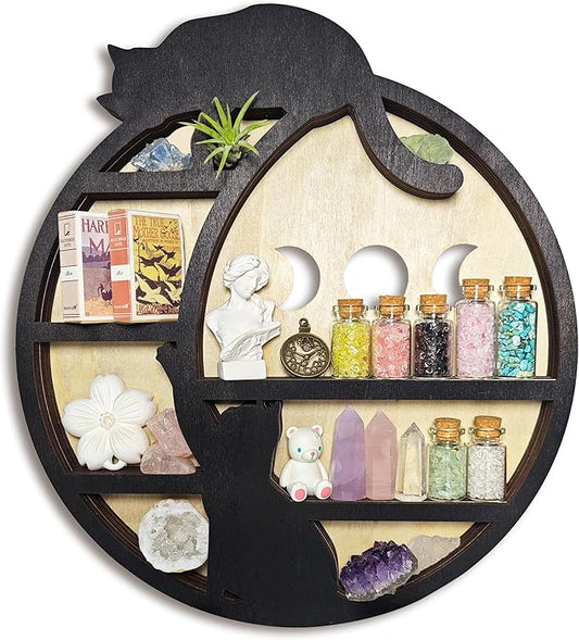 Cats on The Moon Crystal Display Shelf, Wooden Hanging Floating Shelf, Crescent Moon Phase Shelf Stones Essential Oil Organizer Rock Storage Gem Holder Wood Gothic Witchy Boho Home Wall Decor