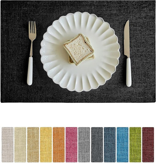 Softalker Faux Linen Placemats Set of 8-12 x 18 Inch, Heat Resistant Double Layered Durable Burlap Farmhouse Place Mats, Non-Slip Washable Rustic Table Mats for Dining, Kitchen, Party（Black