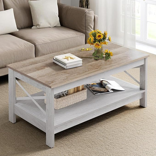 YITAHOME Coffee Tables for Living Room, Modern Farmhouse Coffee Table with Storage, 2-Tier Center Table Wood Living Room Table Accent Cocktail with Sturdy Frame, Grey Wash