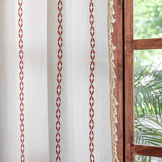 Sutuo Home Boho Curtains 96 Inch Long for Bedroom Dining Living Room, Light Filtering Cotton Embroideried Bohemian Striped Farmhouse Fall Halloween Decor, 1 Panel W52 x L96,White and Terracotta