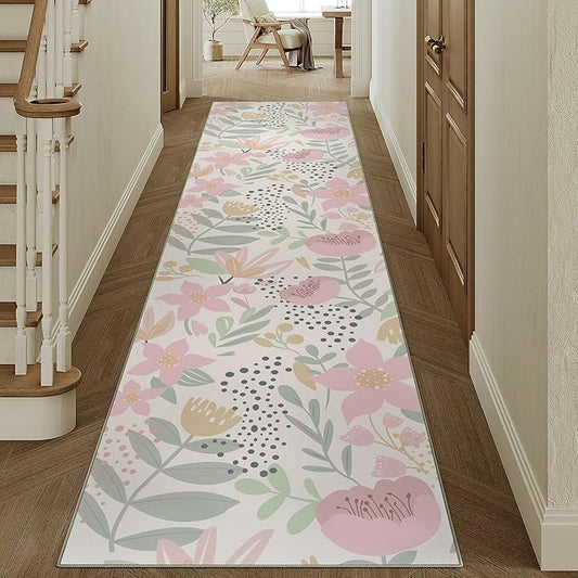 Floral Runner Rug 2x10 Washable Hallway Pink Bedroom Non Slip Cute Long Kitchen Carpet Botanical Indoor Soft Accent Rug for Bathroom Dining Laundry Living Room