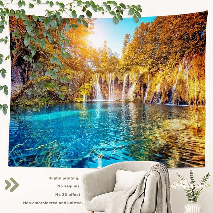 BaoNews Turquoise Natural Waterfall Tapestry,Plitvice Lakes Large Wall Hanging Polyester Tablecloths Tapestry Bedroom Room Living Room Dorm 59.1 x 82.7 Inches
