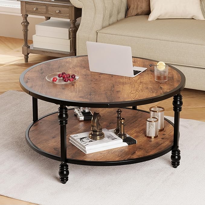 IDEALHOUSE Round Coffee Table for Living Room Rustic Center Table with Storage Shelf Wood Circle Coffee Table with Sturdy Metal Legs, Easy Assembly