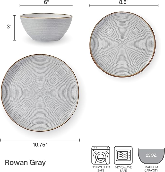 Pfaltzgraff Rowan Gray 12 Piece Plate Bowl Dinnerware Set, Service for 4