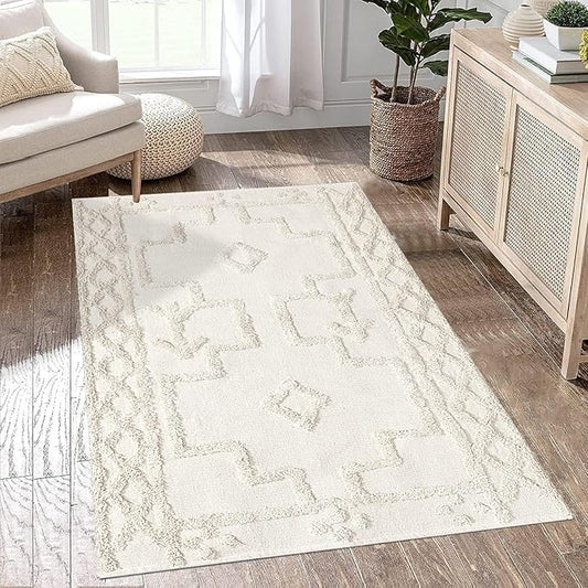 Uphome Boho Area Rug 3' x 5', Cream Washable Cotton Woven Entryway Rug with Tassels, Moroccan Tufted Bedroom Rug, Farmhouse Tribal Floor Carpet for Entry Office Porch Living Room Kitchen