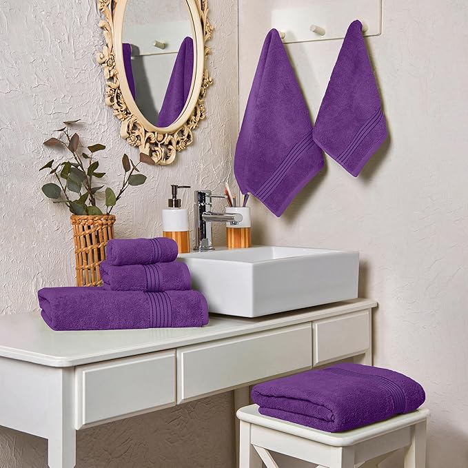 Elegant Comfort Premium Cotton 6-Piece Towel Set, Includes 2 Washcloths, 2 Hand Towels and 2 Bath Towels, 100% Turkish Cotton - Highly Absorbent and Super Soft Towels for Bathroom, Purple