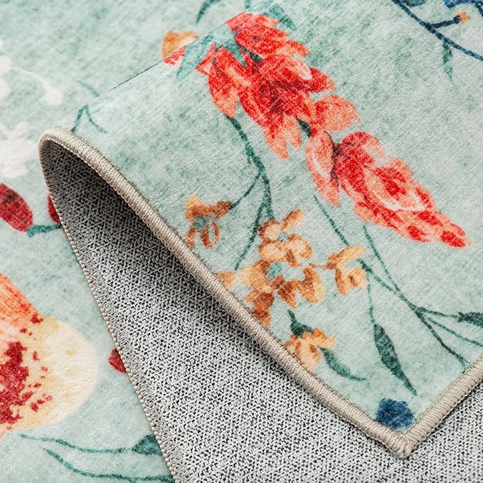 Floral Runner Rug 3x12 Washable Hallway Long Green Bedroom Carpet Non Slip Indoor Boho Kitchen Low Pile Accent Rug Lightweight Soft for Bathroom Dining Laundry Living Room