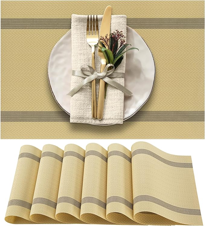 More Décor Dining Table Placemats, Washable Heat-Resistant PVC Vinyl Table Mats for Dining Room and Kitchen, Anti-Slip - Set of 6 - Dust Yellow