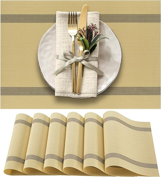 More Décor Dining Table Placemats, Washable Heat-Resistant PVC Vinyl Table Mats for Dining Room and Kitchen, Anti-Slip - Set of 6 - Dust Yellow