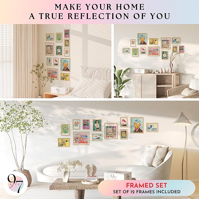 97 Decor Eclectic FRAMED Wall Art Set - Colorful Eclectic Decor, Retro Colorful Wall Art Prints, Trendy Maximalist Decoration Aesthetic Pictures Gallery Wall Prints, Famous Artist Posters For Bedroom (BEIGE FRAME)