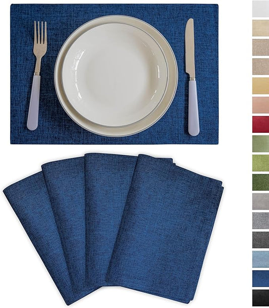 Demetex Cloth Table Placemats Heat Resistant Linen Place Mats Set of 4 Navy Blue Stains Resistant Plate Mats for Dinner Party Banquet, Indigo