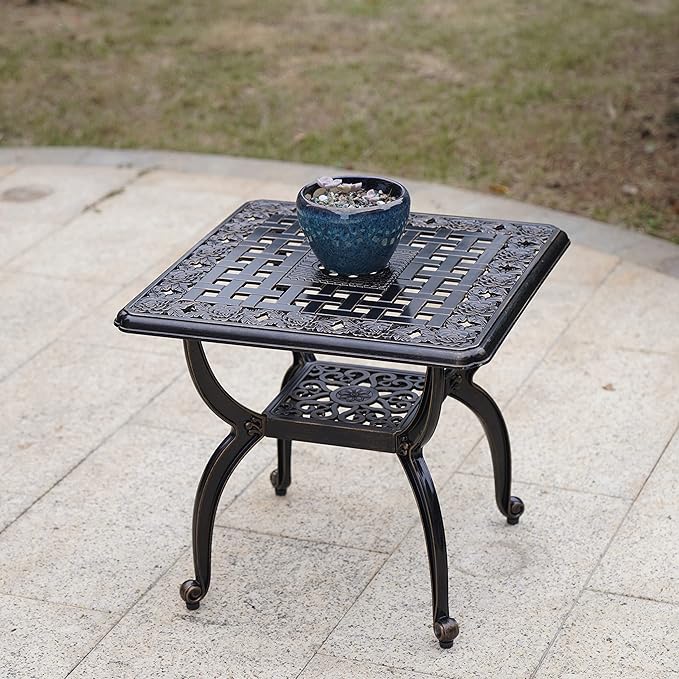 Mandolin Outdoor Patio,Rust -Resistant Cast Aluminum Side Table,Weather Resistant End Table，Coffee Table， Perfect for Patio, Backyard Or Garden. W 20.8" X H18.5(Aluminum Square, Copper)