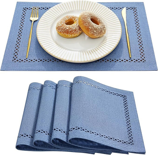 Burlap Placemats Set of 4, 12 x 18 Inch Rustic Geometric Hollow Place Mats, Heat Resistant Placemats for Farmhouse Kitchen Table Decor, Blue 4PCS
