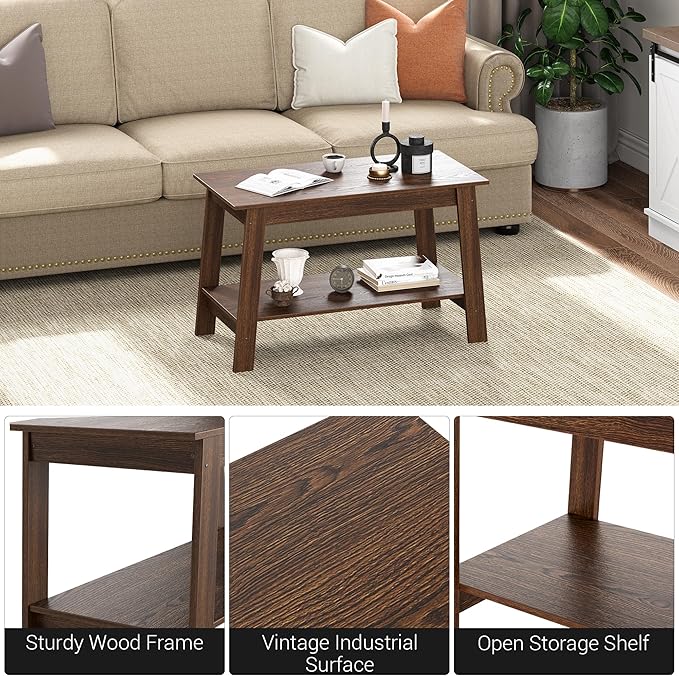 2-Tie Coffee Table, Rustic Wood Living Room Tables with Open Rectangular Storage Compartment, Coffee Tables for Living Room, Outdoors, Home Office, Bedroom, Walnut