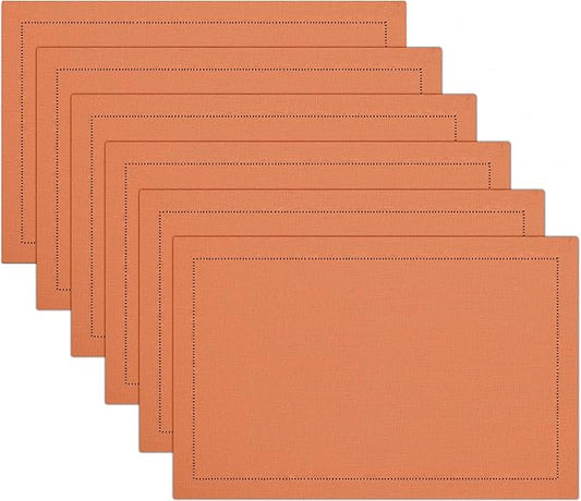 Ruvanti Linen Placemats Set of 6-13x19 Inch, Classic Hemstitch, Heat ‎Resistant Machine Washable Place Mats, Soft & Elegant- Perfect for Christmas, ‎Thanksgiving, Easter, Weddings, Dinner - Orange