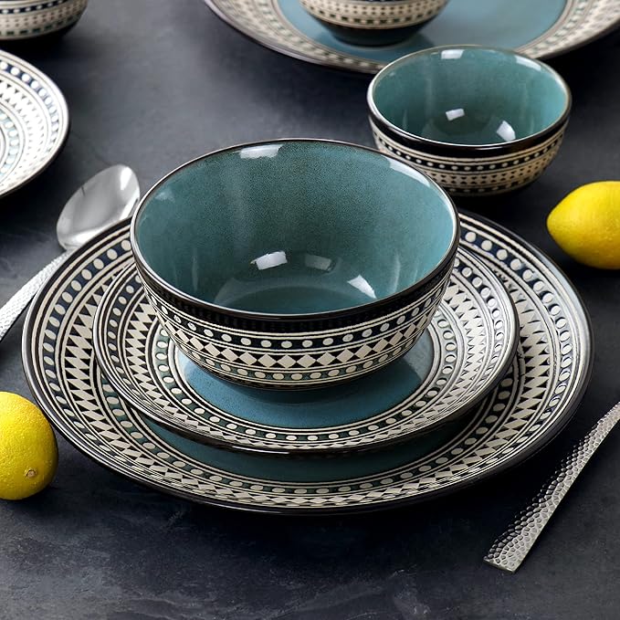 Elama Blue Sage 16 Piece Double Bowl Stoneware Dinnerware Set in Blue