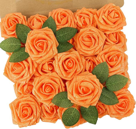 N&T NIETING Artificial Flowers Glowing Burnt Orange Flowers Foam 25pcs Glitter Roses Real Looking Fake Roses with Stem for DIY Wedding Bouquets Centerpieces Bridal Shower Party Home Decorations