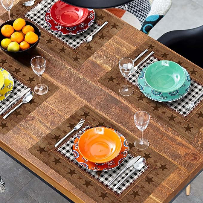 Western Texas Star Placemats for Dining Table Set of 4，Buffalo Plaid Country Wooden Plank Table Mats 18 x12 Inch Non-Slip Dining Table Place Mats for Party Kitchen Indoor Decor