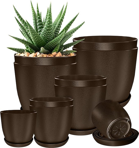 Utopia Home - Plant Pots Indoor with Drainage - 7/6.6/6/5.3/4.8 Inches Home Decor Flower Pots - Pack of 10 Plastic Planters for Indoor Plants, Cactus, Succulents Pot - Brown