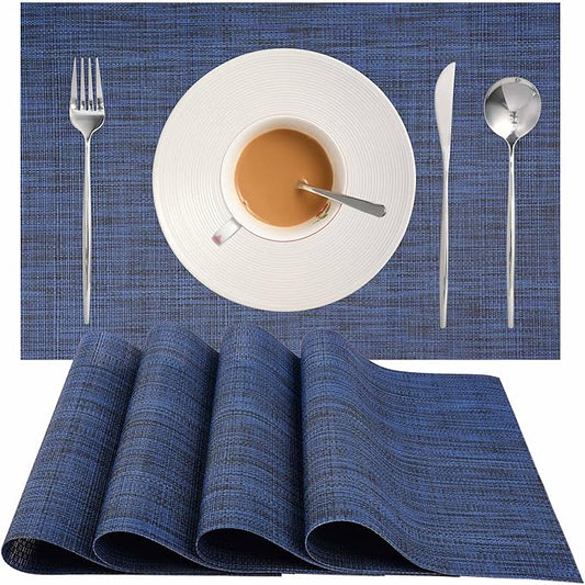 Zupro Placemats Set of 4 Washable Heat-Resistant Non Slip Braided Table Mats Woven PVC Vinyl Kitchen Dining Patio Table Place Mats for Dinner Parties BBQs Indoor and Ourdoor Use.18"x12"(Navy Blue)