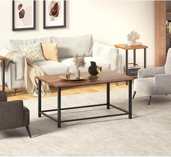 SENIG Small Brown Wood & Metal Rectangular Coffee Table, Modern Industrial Style, Rustic Accent for Living Room, 31.5 x 20 x 16
