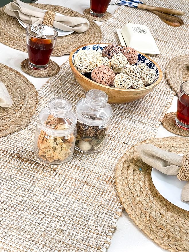Chardin home Natural Jute Table Runner 13x90 Inch – Vintage Boho Rustic Table Decor – Handwoven Jute Table Runner in Natural and Ivory – Farmhouse Dining or Console Table Accent