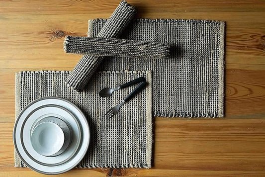 Chardin home | Natural Jute Placemats Set of 4 | 13x19 Inch Rustic Farmhouse Place mats | Table mats Colors - Natural Jute and Black Charcoal.