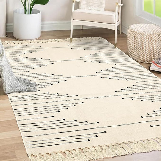 Tritard Boho Area Rug 4x6 - Woven Entryway Rugs with Tassels Farmhouse Aztec Bedroom Lightweight Throw Rugs Washable Cotton Low Pile Thin Carpet for Kitchen, Bathroom, Playroom, Office, Beige Cream