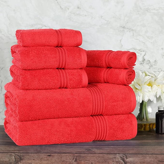 Superior Egyptian Cotton 8-Piece Towel Set, Assorted Towels for Home Bathroom, Master, Guest Bath, Decor Essentials, Includes 2 Bath, 2 Hand, 4 Face Towels/Washcloths, Quick Dry, Absorbent, Red