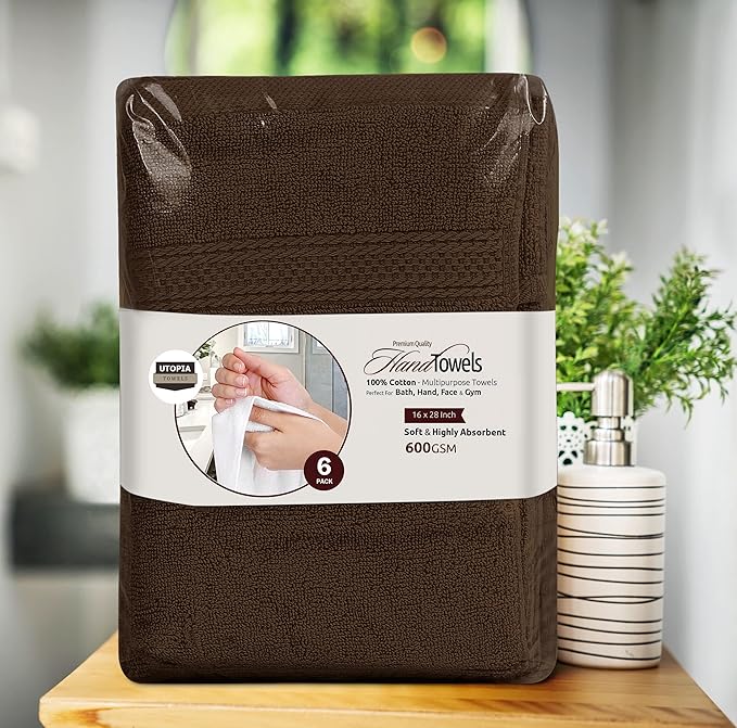 Utopia Towels 6 Pack Premium Hand Towels Set, 16 by 28 inches, 100% Ring Spun Cotton, Ultra Soft and Highly Absorbent 600GSM Towels for Bathroom, Gym, Shower, Hotel, and Spa, Dark Brown