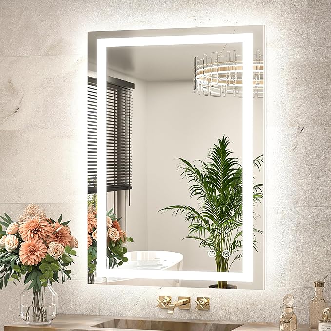 TETOTE LED Bathroom Mirror 24 x 36 Brighter Light up Mirror with Lights, Front and Backlit Lighted Mirror for Bathroom 3-Color Dimmable Led Vanity Illuminated Anti Fog Wall Mirror, Tempered Glass