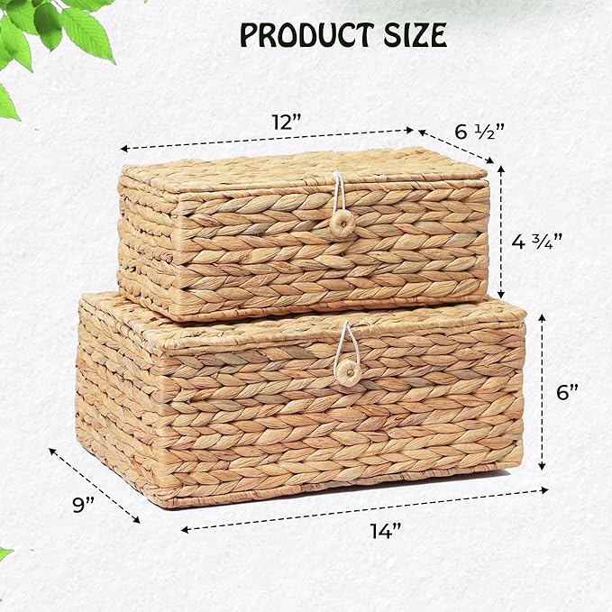Set of 2 Rectangular Wicker Storage Bins with Lid, Multipurpose Organizer Rattan Display Boxes for Shelf Organizer, Boho Wicker Box for Home Decoration
