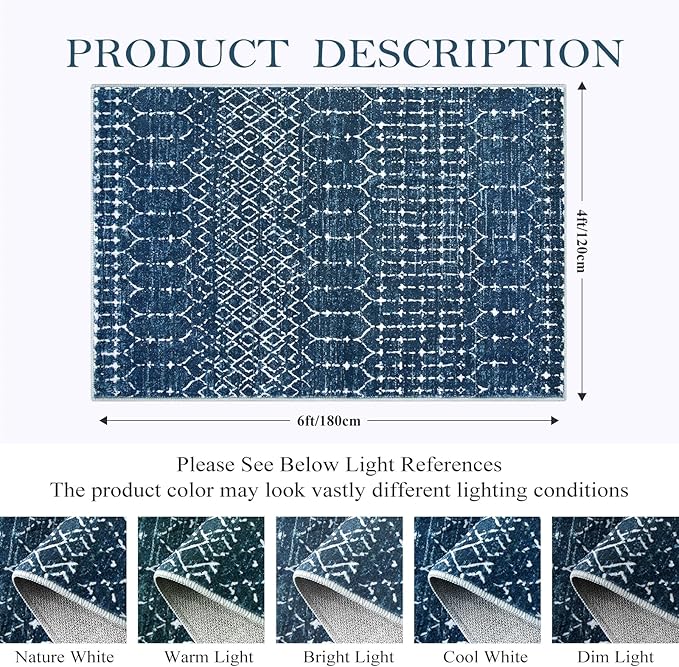 Lahome Moroccan Blue Carpet for Living Room - 4x6 Area Rug Non-Slip Ultra-Thin Soft Bedroom Rug Stain Resistant Modern Carpet with Geometric Print, Suitable for Office, Kitchen, Entryway, Dining Room