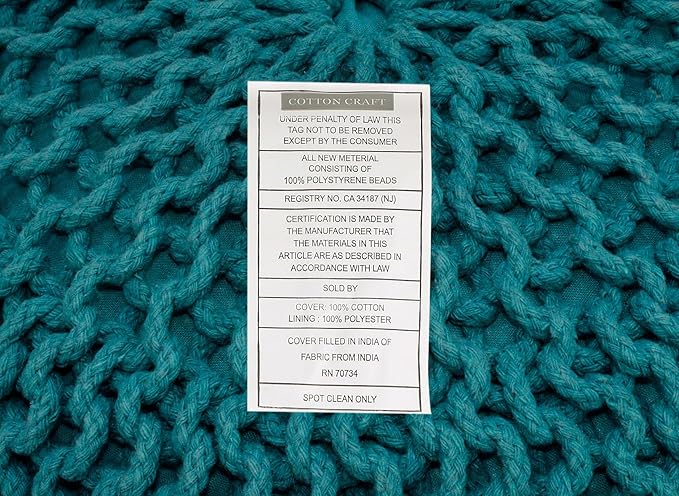 COTTON CRAFT Round Pouf - Hand Knitted Cotton Braid Cord Cable Dori Ottoman - Foot Stool - Floor Pouf Footrest Accent Seat Furniture Bean Bag - Living Room Kids Room Nursery Dorm Décor - 20x14 - Teal