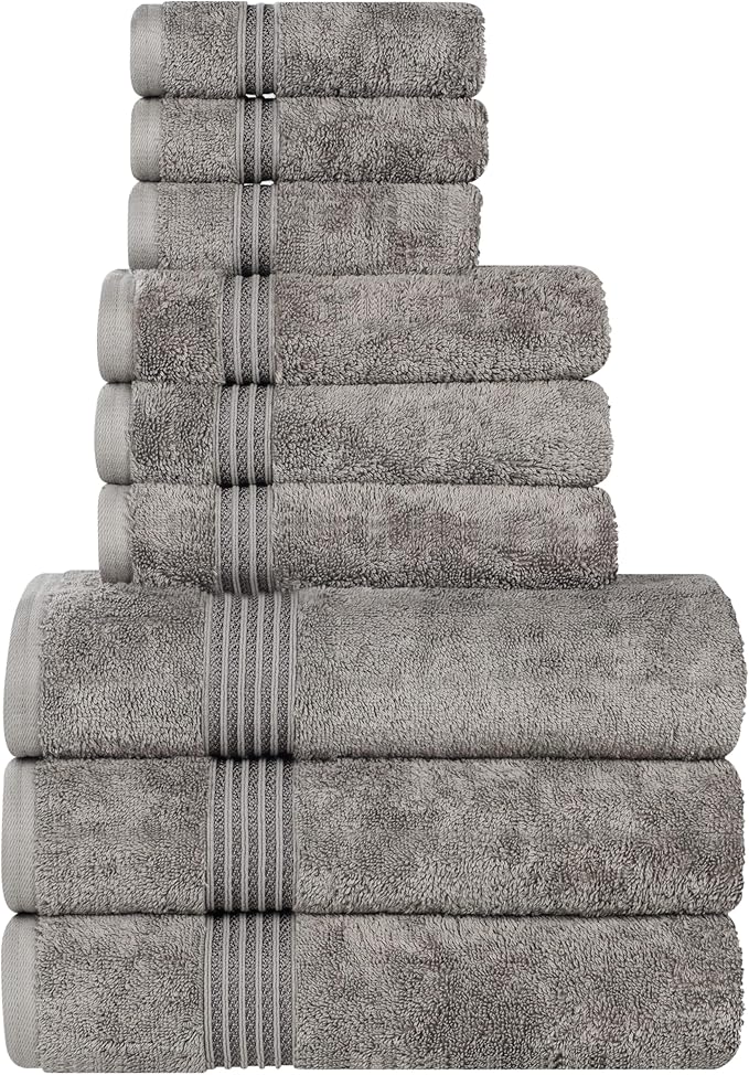 Superior Egyptian Cotton 9-Piece Towel Set, Assorted Towels for Home Bathroom, Master, Guest Bath, Decor Essentials, Includes 3 Bath, 3 Hand, 3 Face Towels/Washcloths, Quick Dry, Absorbent, Charcoal