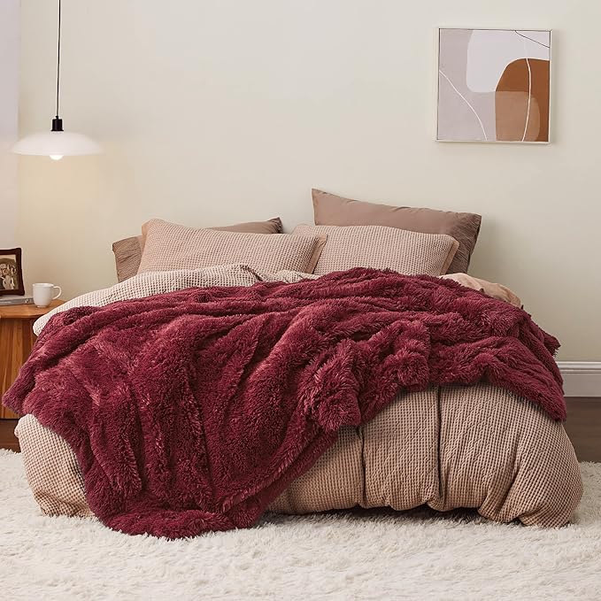 Bedsure Fluffy Burgundy Red King Size Blanket for Bed, Thick Soft Sherpa Faux Fur Fleece Bedding Fuzzy Plush Winter Warm Heavy Oversize Big Large King Blanket, Cozy Red Gifts for Men Women, 108x90