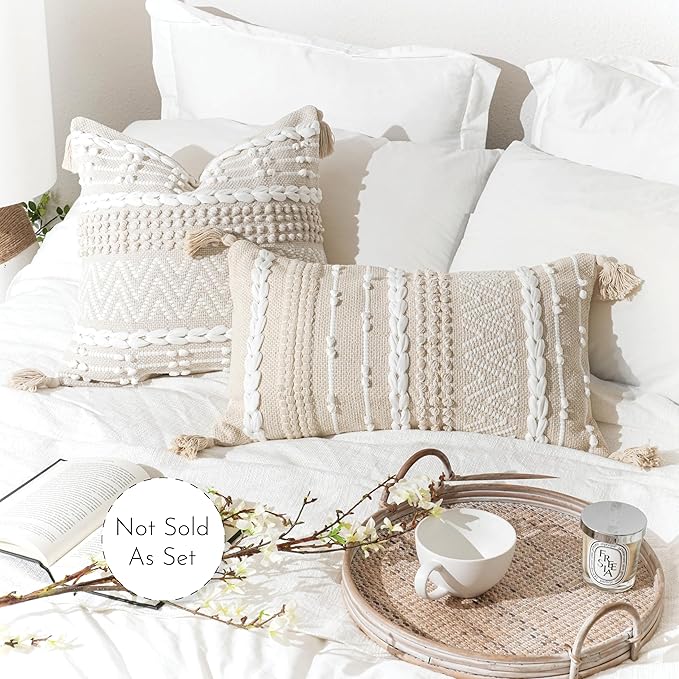 Decorative Lumbar Pillow Cover 14x24, Cream White Boho Accent Throw Pillow Case for Couch Sofa Bed, Modern Farmhouse Textured Lumbar Cushion Bedroom Living Room, Cover ONLY