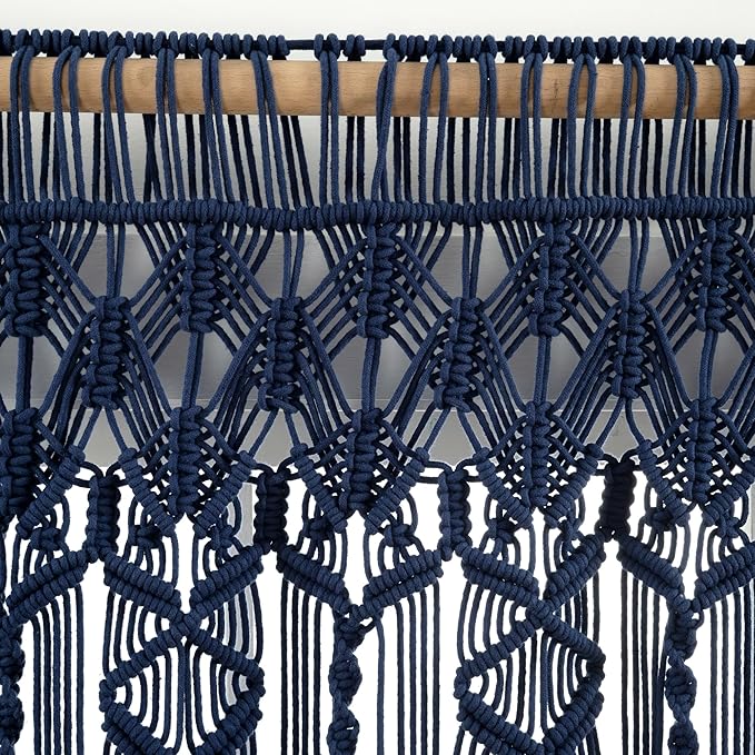 Lush Decor Boho Macrame Textured Cotton Valance, 40" W x 30" L, Navy - Boho Kitchen Curtains & Wall Decor - Macrame Valance - Bathroom Window Curtains
